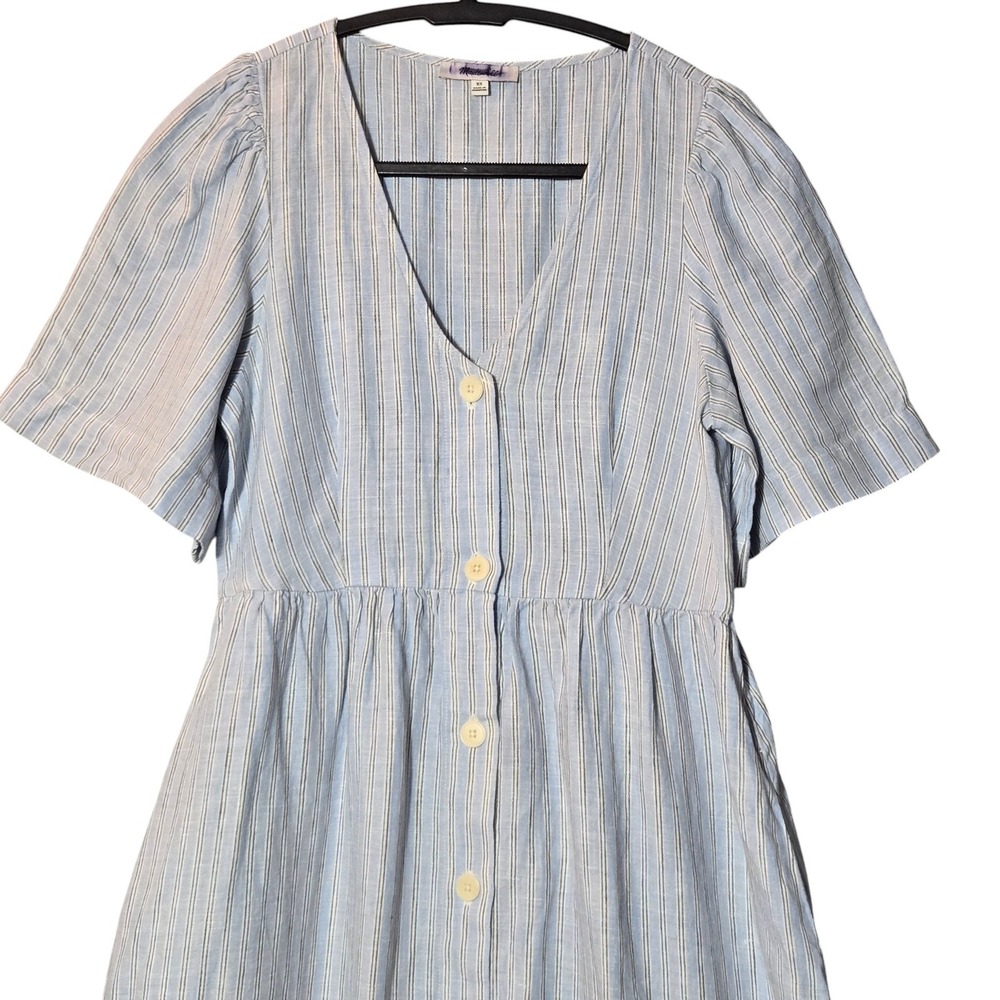 Madewell Cassie 100% Linen Button Front Midi Dress Blue Stripe XS Summer Coastal - Picture 2 of 13